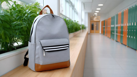 Backpack representing student education in a clean school hallway ready for learningの素材