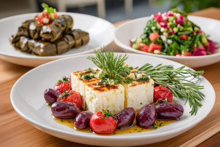 Delicious Greek dishes featuring grilled feta, olives, tomatoes, stuffed grape leaves, and a fresh saladの素材
