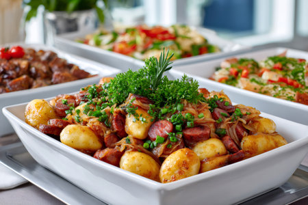 Buffet dish offering roasted potatoes, sliced sausage, caramelized onions, and fresh herbsの素材