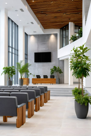 Empty lecture hall showcasing a contemporary design with natural materials and green plantsの素材