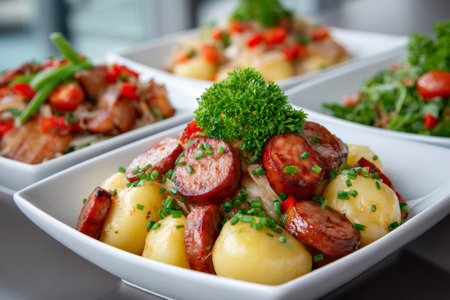 Sliced sausage and potatoes served with chives and parsley for a delicious mealの素材