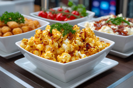 Gourmet popcorn serving with other snacks in white bowls on a buffet tableの素材