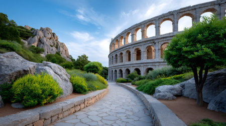 Ancient Roman amphitheater standing next to a stone path and green garden landscapingの素材