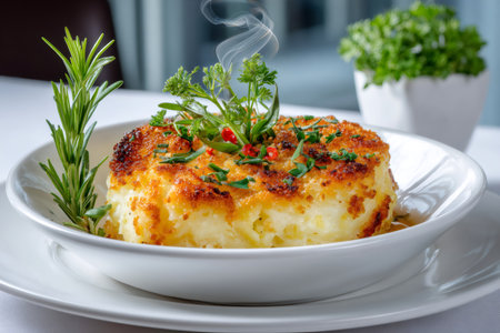 Gourmet potato gratin steaming, garnished with rosemary and parsley, served in a white bowlの素材