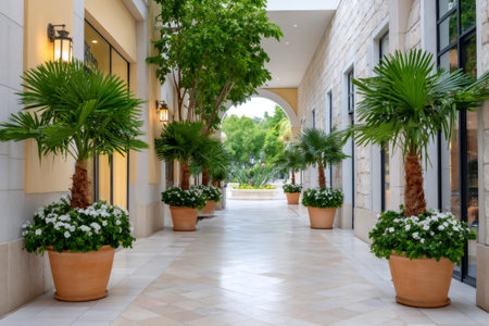 Retail walkway featuring lush potted palms and white flowers in a modern outdoor settingの素材