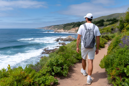 Man with backpack hiking a scenic coastal trail overlooking the Pacific Oceanの素材