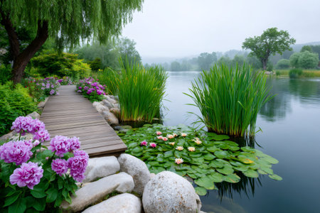 Landscape garden with a wooden walkway, blooming flowers, and water lilies on a tranquil lakeの素材