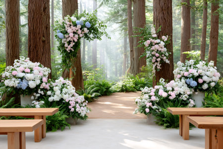 Outdoor wedding ceremony setup in a forest with flowers, an arch, and wooden seatingの素材