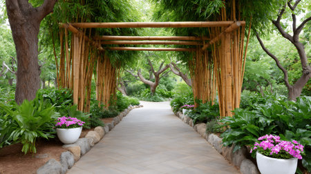 Garden path leading through a bamboo archway with lush green plants and flowering potsの素材