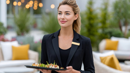 Young woman working in hospitality, serving canapes at an outdoor eventの素材