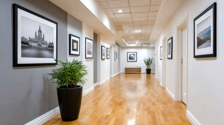 Long corridor featuring modern framed artworks on walls and an oak hardwood floorの素材