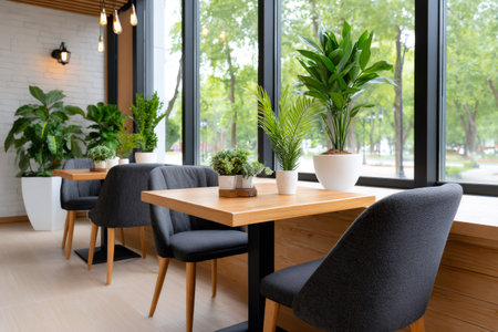 Empty cafe interior design featuring modern furniture, potted plants, and large windowsの素材