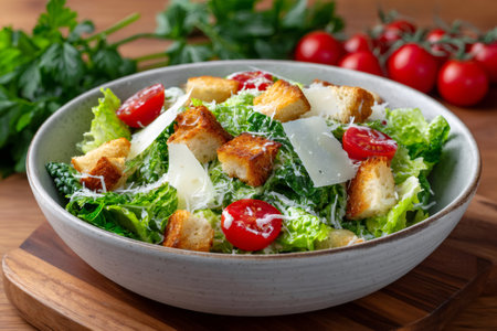 Fresh Caesar salad in a bowl, featuring crisp lettuce, croutons, Parmesan, and cherry tomatoesの素材