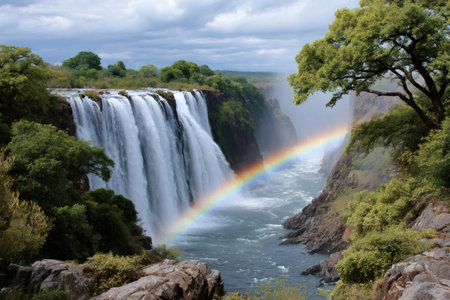Victoria Falls plunging into gorge with a vibrant rainbow spanning the Zambezi Riverの素材