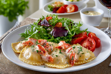 Plating lobster ravioli, creamy sauce, salad greens, and sliced tomatoes on a white plateの素材
