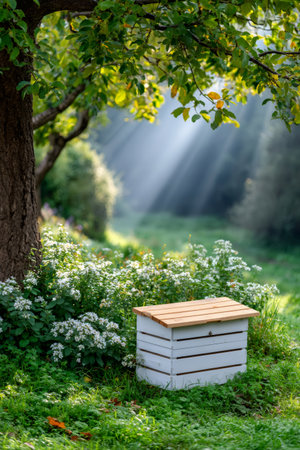 Modern langstroth beehive box under a tree, receiving warm morning sunlightの素材