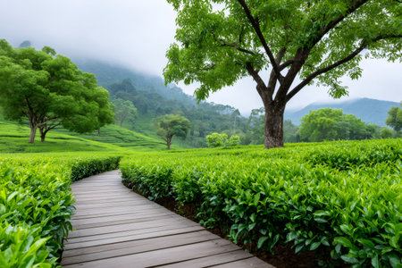 Green tea plantation landscape with a wooden path, rolling hills, and misty mountainsの素材