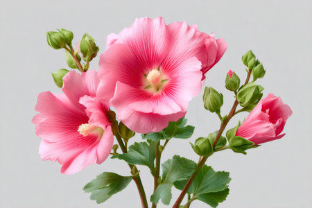 Group of pink hollyhock flowers and green buds blooming on a stemの素材