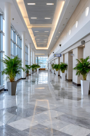 Modern building lobby featuring a long corridor with marble flooring, glass windows, and potted plantsの素材