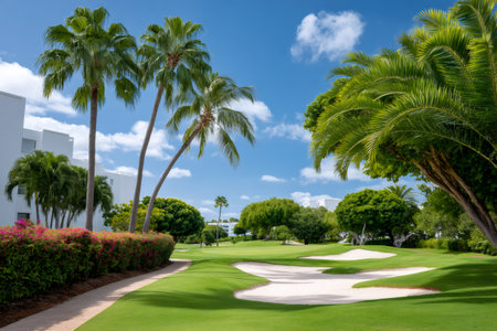 Tropical golf course featuring lush green lawn, palm trees, white sand traps, and blue skyの素材