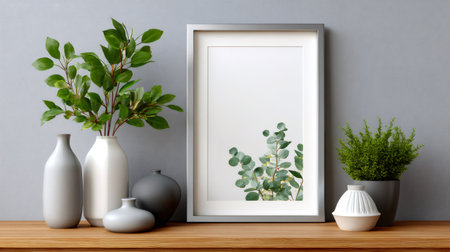 Wooden shelf displaying a blank vertical frame, green plants, and ceramic vases against a gray wallの素材
