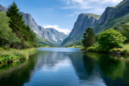 Water reflecting towering mountains and lush green landscape in a tranquil fjord valleyの素材