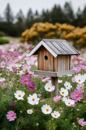 Wooden birdhouse surrounded by beautiful pink and white cosmos flowers blooming in a natural gardenの素材