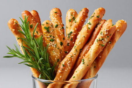 Grissini breadsticks in a glass, seasoned with fresh rosemary and sesame seeds, offering a delicious appetizerの素材