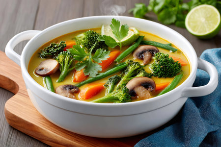 Steaming bowl of healthy vegetable curry soup, garnished with cilantro and limeの素材