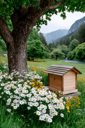 Beehive sits in a spring meadow among daisies, under a large tree with mountains beyondの素材