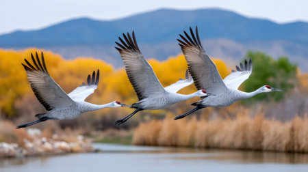 Three Sandhill cranes flying in synchronized formation above a river during autumnの素材