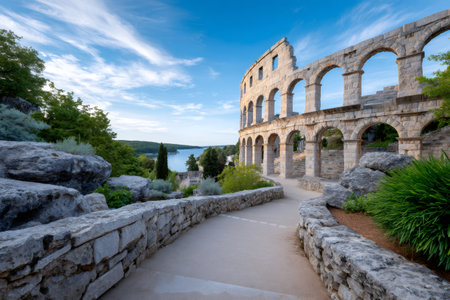Pula Arena, ancient Roman amphitheater, overlooking the Adriatic Sea under a blue skyの素材