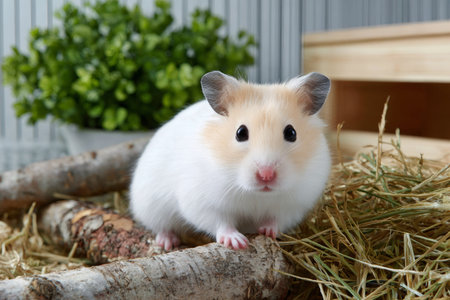 Hamster with white and beige fur standing on a log near hay and greeneryの素材
