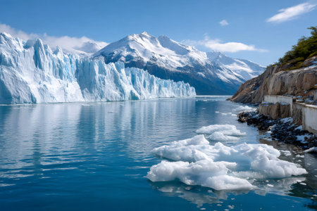 Perito Moreno Glacier ending in Lago Argentino with floating icebergs and snow-capped mountainsの素材