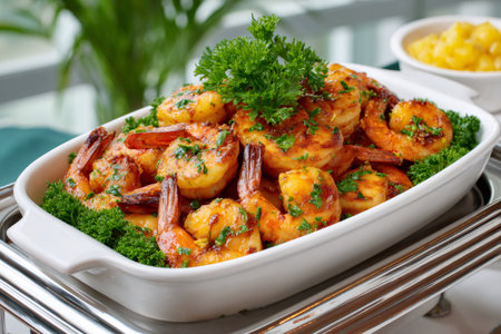 Cooked shrimp with herbs served in a white dish on a buffetの素材