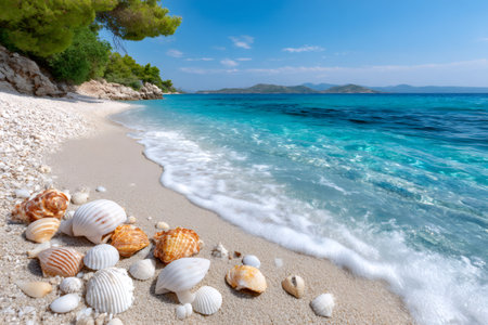 Seashells resting on a sandy shore by clear turquoise water and a distant blue skyの素材
