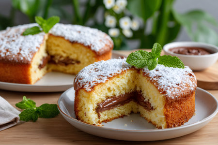 Sweet dessert cake with creamy chocolate filling and mint garnishの素材