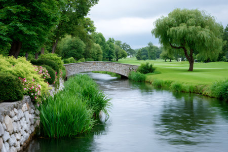 Stone bridge spanning a winding creek with lush green banks and a golf courseの素材