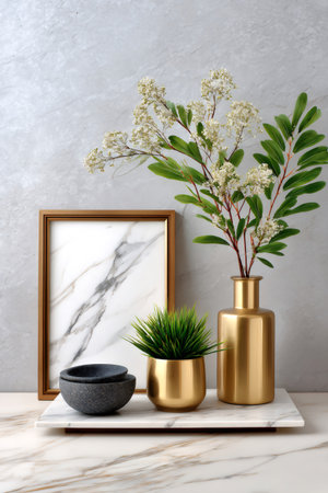 Minimalist still life with gold vase, potted plant, and marble frame on white trayの素材