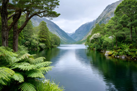 Lush forest and majestic mountains reflecting on the calm waters of Lake Marianの素材