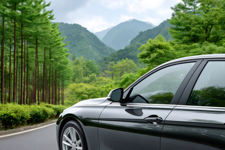 Car parked on asphalt road with lush green mountains and forest backgroundの素材