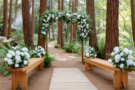 Wedding ceremony altar with benches and floral arch creating a romantic outdoor settingの素材