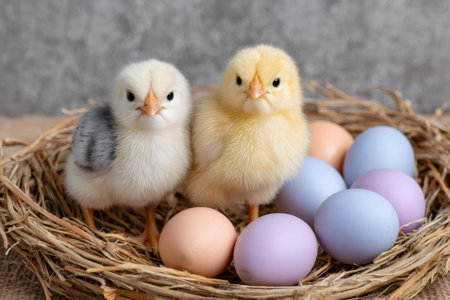 Two baby chickens in a straw nest surrounded by colorful springtime eggsの素材