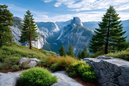Half Dome dominating the glacial valley from a high vantage point surrounded by granite and pine treesの素材