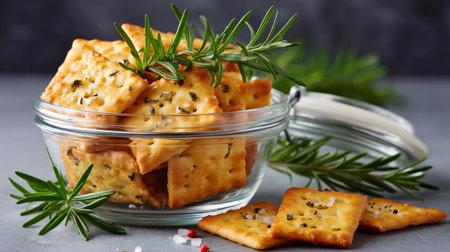 Square savory crackers with rosemary and sea salt, perfect for snacking or appetizersの素材