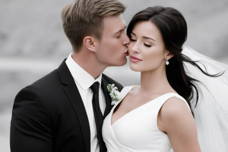 Groom kissing his bride on the cheek, celebrating their wedding dayの素材
