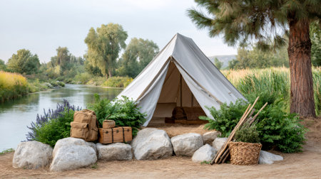 Canvas tent set up for glamping by a scenic river in natureの素材