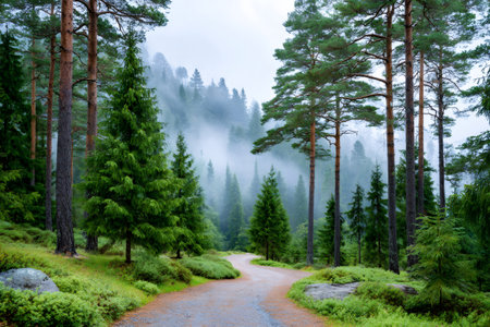 Forest path winding through dense pine and spruce trees with mist covering the backgroundの素材