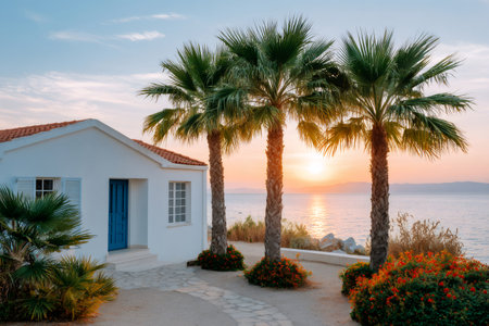 White house and palm trees overlooking the sea during a beautiful sunset, symbolizing a peaceful summer vacationの素材