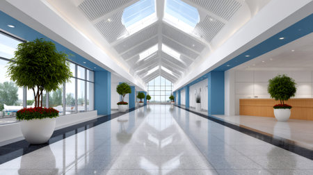 Spacious airport terminal hall featuring a long corridor with natural light and reception deskの素材